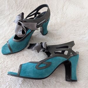 John Fluevog Miracles Fatima Open-toe heels. Size 8.5. Turquoise/grey. NWOT